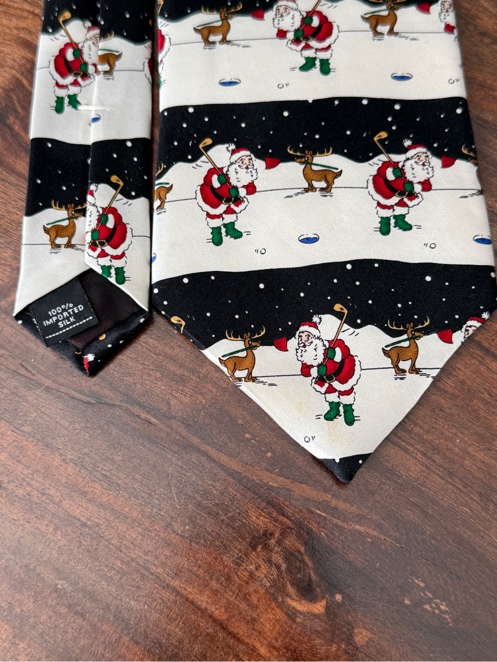 Men’s 100% Silk Santa & Reindeer Neck Tie - Cream and Black